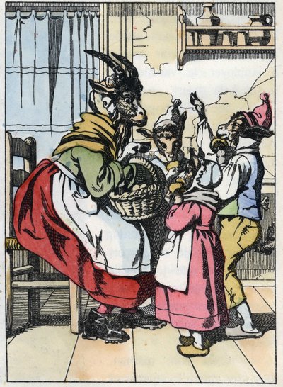 الماعز خارج السوق ، يستمع إلى تاريخ البيكيت. رسم توضيحي لحكاية "Compere le Loup، Maitre Renard، Comere la Chevre et ses petits biquets" بعد حكاية جان دو لا فونتين. في "" حكايات من المنزل للصغار "" بواسطة فنان غير معروف