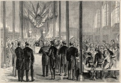 الأمير الإمبراطوري يوجين لويس جوزيف (1856-1879) يحضر مأدبة القديس شارلمان (القديس شارلمان) في باريس ، في ليسيه بونابرت (ثم ليسيه كوندورسيه). نقش في "الكون اللامع" بواسطة فنان غير معروف