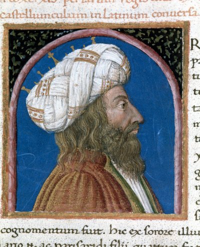 ملك بلاد فارس Artaxerxes III Ochos (توفي 338 قبل الميلاد) صورة مصغرة مأخوذة من "" موازي رجال لامعين "" من بلوتارخ (46-125 م) (MS XV.1) القرن الخامس عشر. تشيزينا ، مكتبة مالاتيستيانا بواسطة فنان غير معروف