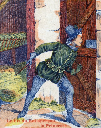 رأى نجل الملك الأميرة. رسم توضيحي لحكاية "جلد الحمار" للكاتب الفرنسي تشارلز بيرولت (1628-1703). الصور مارسيل فاني ، جارفيل نانسي ، بدون تاريخ (أواخر القرن التاسع عشر). بواسطة فنان غير معروف