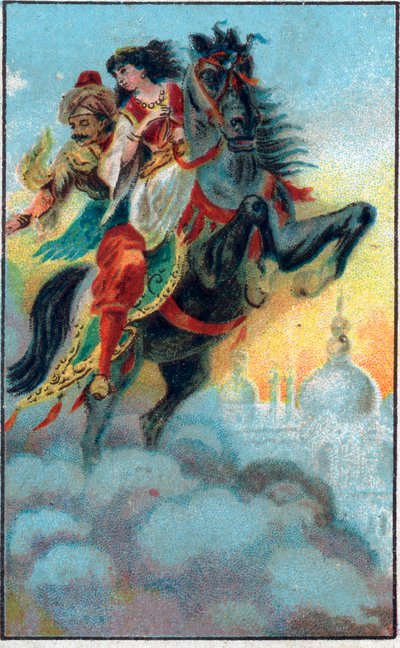 التسرب. حكاية "" تاريخ الحصان المسحور "" في "" ألف ليلة وليلة "" "(1001 Nights or Le mille e una notte، Arabian Nights). الطباعة الحجرية الملونة في أواخر القرن التاسع عشر. بواسطة فنان غير معروف