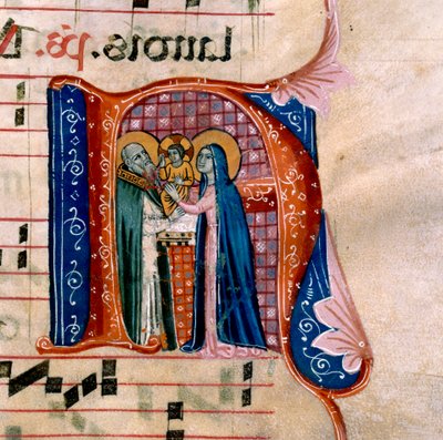 الحرف "N" مع تصوير للعرض التقديمي في المعبد: f.36v من Antiphonary بواسطة فنان غير معروف