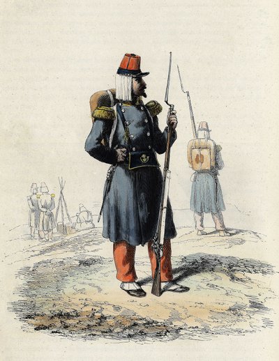 المشاة الخفيفة للجيش الفرنسي أثناء رحلة الجزائر الاستكشافية عام 1830 ، في "" L'Algerie ancienne et moderne "بقلم ليون غاليبرت بواسطة فنان غير معروف