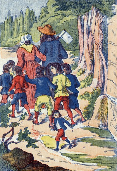 الحقيبة الصغيرة تنثر الحجارة في طريقه. رسم توضيحي لـ "Le Pepetit poucet" ، حكاية تشارلز بيرولت (1628-1703) ، الكاتب الفرنسي. توضيح مجهول. الصور مارسيل فاني ، جارفيل نانسي ، بدون تاريخ (أواخر القرن التاسع عشر). بواسطة فنان غير معروف