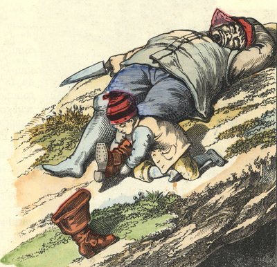 الحقيبة الصغيرة تسرق الأحذية من 7 أماكن من الغول النائم. رسم توضيحي لحكاية "Le Pepetit Poucet" للكاتب تشارلز بيرولت بواسطة فنان غير معروف