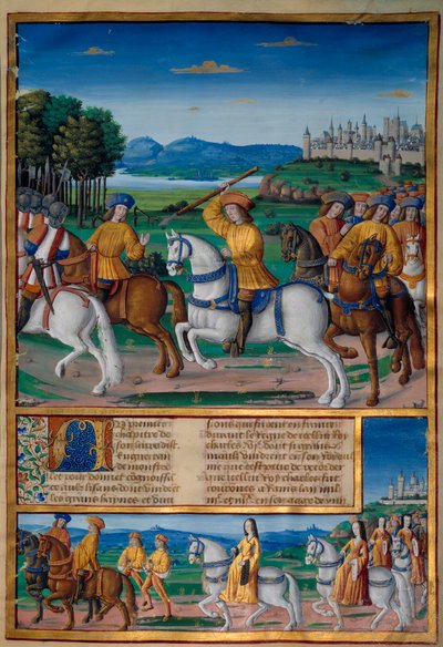 The madness of Charles VI (1368 - 1422). On 5 August 1392, in the forest of Le Mans, he began to experience attacks of furious madness: screaming for treason, he attacked his own troop and killed four people. Chronicles of Enguerrand de Monstrelet (v. 1400 بواسطة فنان غير معروف