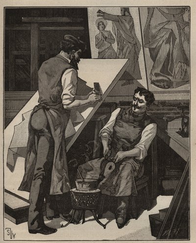 الفسيفساء: ورشة الفسيفساء. نقش من عام 1885 في "" Les Arts et metiers Illustres "" لأدولف بيتارد. بواسطة فنان غير معروف
