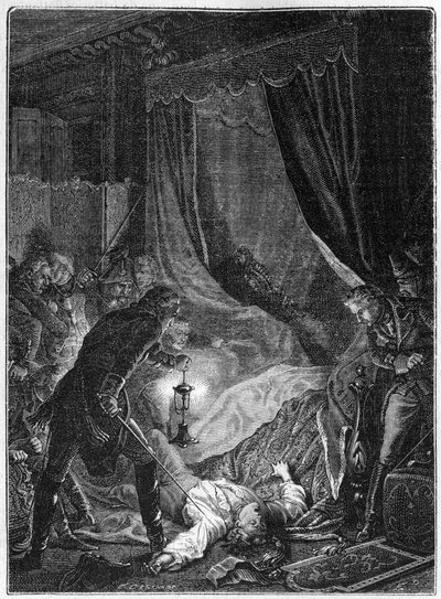 مقتل القيصر الروسي بولس الأول ، مارس 1801 - الرسم التوضيحي 1882-1884 - اغتيال القيصر الروسي بول بتروفيتش (1754-1801) في غرفته بقصر القديس ميخائيل بعد إجباره على التوقيع على التنازل عن العرش - الرسم التوضيحي 1882- 1884 بواسطة فنان غير معروف