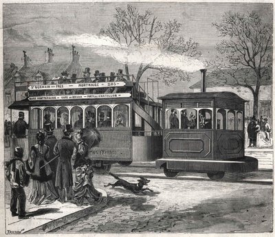 عربات الترام البخارية الجديدة في باريس عام 1876 تسير على خط سان جيرمان دي بري عند باب شاتيلون ، نقش مجموعة بيانكيتي. بواسطة فنان غير معروف