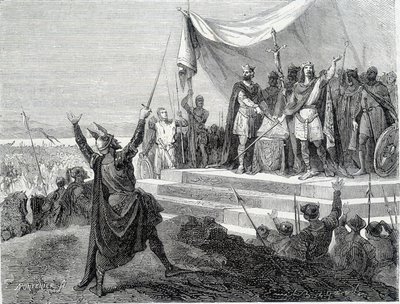 قسم الأخوين أمام درعهما: تشارلز الثاني الأصلع ولويس الثاني الجرماني يقسمان على لوثير الأول (قسم ستراسبورغ 842). نقش القرن التاسع عشر. بواسطة فنان غير معروف