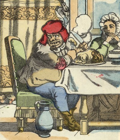 الغول على الطاولة يشعر بوجود بوكيه الصغير وإخوته. رسم توضيحي لحكاية "Le Pepetit Poucet" للكاتب تشارلز بيرولت بواسطة فنان غير معروف