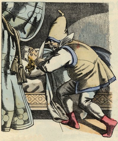 يقطع الغول رأس بناته السبع ويفكر في قتل ليتل بوليه وإخوته. رسم توضيحي لحكاية "Le Petite Poucet" لتشارلز بيرولت بواسطة فنان غير معروف