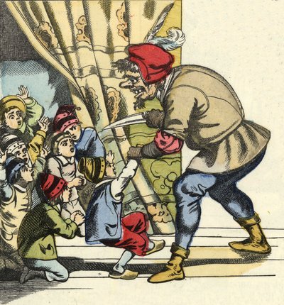 يأخذ الغول طفلاً بنية التهامها. رسم توضيحي لحكاية "Le Pepetit Poucet" للكاتب تشارلز بيرولت بواسطة فنان غير معروف