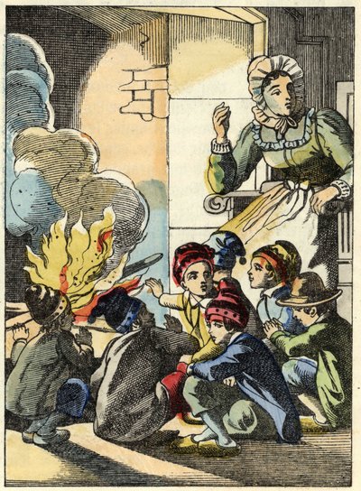 تقوم زوجة الغول بتسخين البوكيه الصغير وإخوته بالنار. رسم توضيحي لحكاية "Le Pepetit Poucet" للكاتب تشارلز بيرولت بواسطة فنان غير معروف