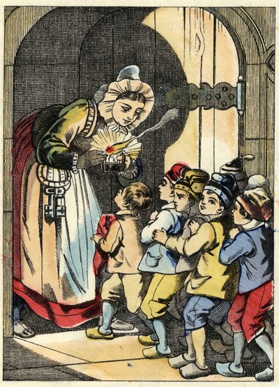 تفتح زوجة الغول الباب لـ Little Poucet وإخوته. رسم توضيحي لحكاية "Le Pepetit Poucet" للكاتب تشارلز بيرولت بواسطة فنان غير معروف