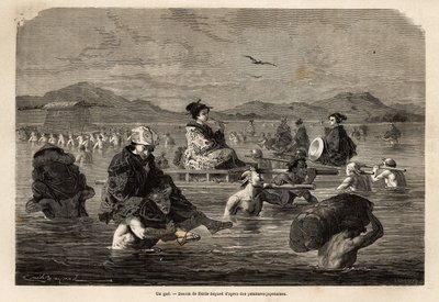مرور gue مع عرض طرق نقل الركاب والأمتعة. نقش لتوضيح الرحلة إلى اليابان ، في ١٨٦٣-١٨٦٤ ، بقلم آيم همبرت ، وزير الاتحاد السويسري ، في "" Le tour du monde، nouveau journal des voyages "" بواسطة فنان غير معروف