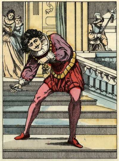 الأمير يلتقط الحذاء الزجاجي لسندريلا. رسم توضيحي لقصة تشارلز بيرولت "Cinderella or La petite slipper de verre" بواسطة فنان غير معروف