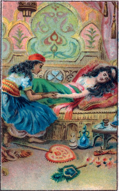 الأميرة يغمى عليها. حكاية "" تاريخ الحصان المسحور "" في "" ألف ليلة وليلة "" (1001 Nights or Le mille e una notte، Arabian Nights). الطباعة الحجرية الملونة في أواخر القرن التاسع عشر. بواسطة فنان غير معروف