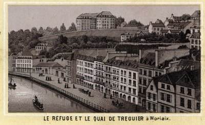 ملجأ ورصيف ميناء Treguier في Morlaix (فينيستير ، منطقة بريتاني). الطباعة الحجرية الملونة في أواخر القرن التاسع عشر. بواسطة فنان غير معروف
