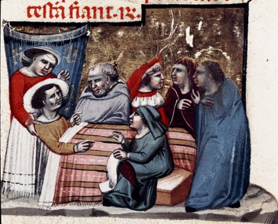 تكرار الوصية بجانب سرير المنمنمات المريضة من قانون جستنيان (Codex Justinianus) ، وهي مجموعة من القوانين والمؤسسات المنشورة في عهد الإمبراطور الروماني جستنيان الأول من بيزنطة (483-565) بواسطة فنان غير معروف