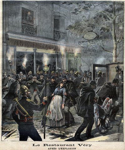مطعم Very (24 Boulevard Magenta في باريس) بعد الانفجار الناجم عن هجوم الأناركي Francois Koenigstein dit Ravachol (1859 - 1892) في 30 مارس 1892. في "" The Petity Journal " بواسطة فنان غير معروف