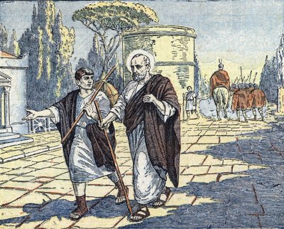 عودة الرسول بطرس الرسول إلى روما عائدًا من آسيا إلى روما بعد وفاة الإمبراطور كلوديوس، في بداية عهد نيرون حوالي عام 54 (عودة بطرس الرسول إلى روما من آسيا، بعد وفاة الإمبراطور كلوديوس، عام 54 م) توضيح من "لو بي بواسطة فنان غير معروف