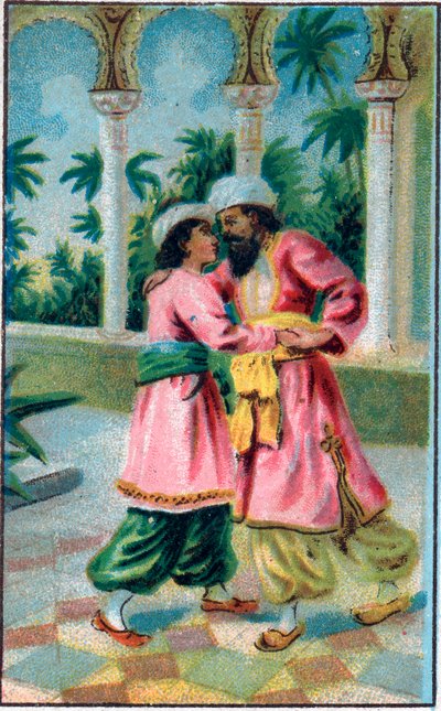عودة الأمير. حكاية "" تاريخ الحصان المسحور "" في "" ألف ليلة وليلة "" (1001 Nights or Le mille e una notte، Arabian Nights). الطباعة الحجرية الملونة في أواخر القرن التاسع عشر. بواسطة فنان غير معروف