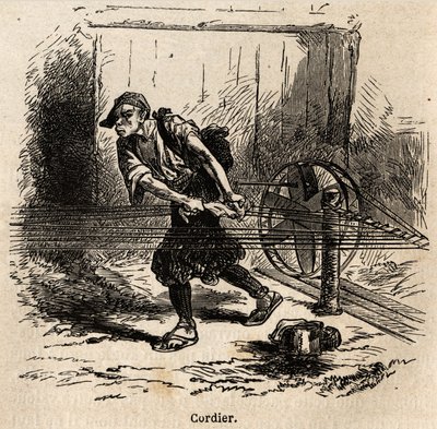 صانع الحبل. نقش لتوضيح الرحلة إلى اليابان في 1863-1864 ، بقلم آيم هامبرت ، وزير الاتحاد السويسري ، في "Le Tour du monde ، nouveau journal des voyages" ، المنشور تحت إشراف إدوارد شارتون بواسطة فنان غير معروف