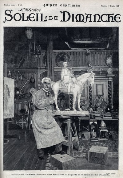 ينهي النحات جان ليون (جان ليون) جيروم (1824-1904) في الاستوديو الخاص به نموذج تمثال دوق أومال - نقش في "" Le sun-du-dimanche "، 15 أكتوبر بواسطة فنان غير معروف