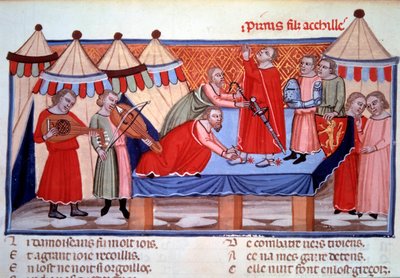 تليين بيروس بن أخيل. المنمنمة مأخوذة من "Le roman de Troie" بواسطة Benoit de Sainte-Maure (أواخر القرن الثاني عشر) ، أدرك الشاعر النورماندي حوالي 1160-1170 من أجل Alienor d'Aquitaine. 1300 تقريبًا. باريس ، BN بواسطة فنان غير معروف