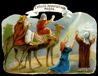 ظهور النجم للمجوس لإرشادهم إلى المسيح. الطباعة الحجرية الملونة في القرن التاسع عشر. بواسطة فنان غير معروف