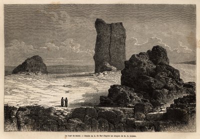 أطلال بيرس نمرود ذات واجهات المحلات ، والتي حددها المجتمع السياحي في بغداد (العراق) في ذلك الوقت ، على أنها برج بابل الأسطوري. نقش لتوضيح الرحلة إلى بابل ، في عام 1866 ، بواسطة غيوم ليجان ، في "Le tour du monde، nouveau j بواسطة فنان غير معروف
