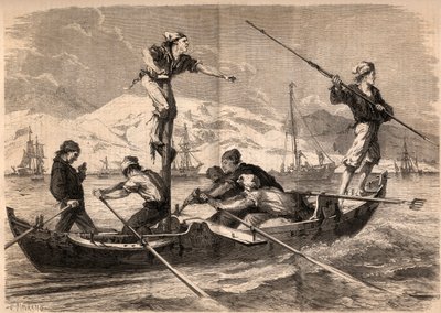 صيد أسماك أبو سيف (pesce spada، swordfish) على ساحل صقلية بإيطاليا عام 1862. نقش في "Le Monde illustrious" من عام 1862. مجموعة خاصة. بواسطة فنان غير معروف