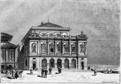 مسرح قسنطينة في الجزائر بناه المهندس المعماري بول جان جيون (1838-1904) بين عامي 1877 و 1883 - خارج المسرح بواسطة فنان غير معروف