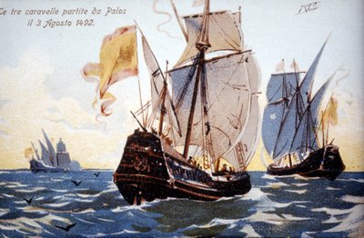 تغادر كارافيل كولومبوس الثلاثة بالوس في 3/8/1492. بواسطة فنان غير معروف