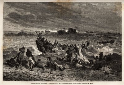 تسبب نقل جيش الملك أحمدو في نهر النيجر خلال موسم الأمطار في حطام العديد من السفن وخسائر كثيرة في الخيول. نقش لتوضيح رحلة الملازم (بحري) ماجى إلى غرب السودان ، في 1863-1866 ، نُشر في "Le tour d". بواسطة فنان غير معروف