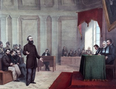 محاكمة فيليس أورسيني (1819-1858) الذي ارتكب هجوم 14 يناير 1858 على نابليون الثالث. مطبوعات حجرية من نهاية القرن التاسع عشر. مجموعة ميلان الخاصة © Luisa Ricciarini / Leemage بواسطة فنان غير معروف