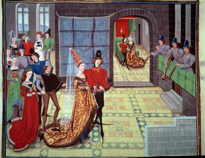 حفل زفاف رينود وكلاريس ، في الخلفية ليلة الزفاف. صورة مصغرة من مخطوطة "Renaud de Montauban" أو "Les quatre fils Aymon" بواسطة Loyset Liedet (نشط بين عامي 1448 و 1478). السيدة 5073. مكتبة القرن الخامس عشر ، مكتبة أرسنال ، بنسلفانيا بواسطة فنان غير معروف