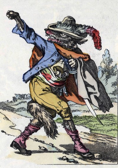 الذئب. رسم توضيحي لحكاية "Compere le Loup، Maitre Renard، Comere la Chevre et ses petits biquets" "بعد حكاية جان دو لا فونتين. في "" حكايات من المنزل للصغار "". نقش مجهول من القرن التاسع عشر. بواسطة فنان غير معروف