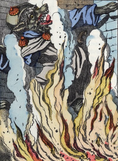 الذئب يسقط في نار المدخنة. رسم توضيحي لحكاية "Compere le Loup، Maitre Renard، Comere la Chevre et ses petits biquets" بعد حكاية جان دو لا فونتين. في "" حكايات من المنزل للصغار "". نقش مجهول ال بواسطة فنان غير معروف