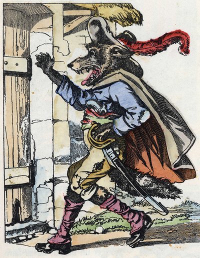 الذئب يقرع باب بيت البيكيه. رسم توضيحي لحكاية "Compere le Loup، Maitre Renard، Comere la Chevre et ses petits biquets" "بعد حكاية جان دو لا فونتين. في "" حكايات من المنزل للصغار "". نقش مجهول o بواسطة فنان غير معروف