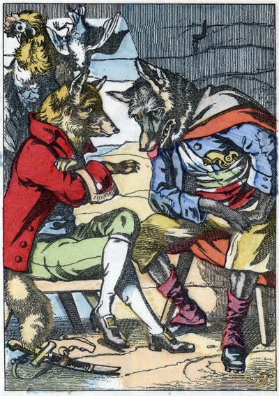 الذئب يلتقي الثعلب مرة أخرى. رسم توضيحي لحكاية "Compere le Loup، Maitre Renard، Comere la Chevre et ses petits biquets" "بعد حكاية جان دو لا فونتين. في "" حكايات من المنزل للصغار "". نقش مجهول من القرن التاسع عشر. بواسطة فنان غير معروف