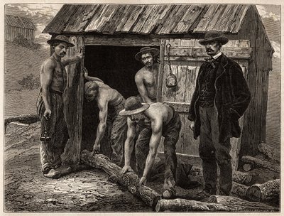 The woodworkers of the Montchanin mine, throwing them into the well inclined; in costume, the mine