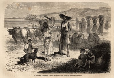 أعمال حصاد وحصاد ونزع القمح بدجورة (الجزائر) ؛ تضرب النساء اللواتي يجلسن في دوائر الحلقات بمطرقة دائرية ، بينما تقوم أخريات برمي القش والحبوب في الريح بمنخل كبير ، ثم تجتاح التربة يسمح بإعادة الحبوب بواسطة فنان غير معروف