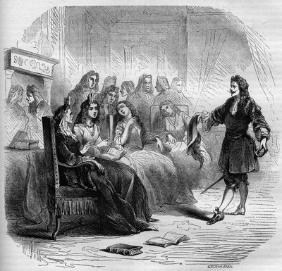 الكاتب جورج دو سكودري (1598-1667) خلال صالون للقمامة نظمته شقيقته مادلين دو سكودري عام 1650. نقش من 1860-1861. بواسطة فنان غير معروف