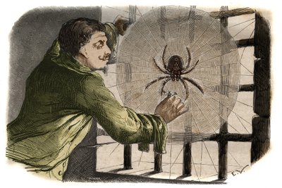 الكاتب بول بيليسون (بول بيليسون فونتانييه ديت) (بيليسون فونتانييه) (1624-1693) يروض أراجيًا أثناء سجنه في الباستيل. نقش من 1858 في "" Le Musee Des Sciences "" بواسطة فنان غير معروف