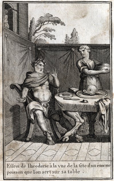 ثيودوريك الكبير (حوالي 454 / 455-526) ، ملك القوط ، خائف من رؤية رأس سمكة ضخمة تخدم على مائدته. نقش في redige "Beaute de l'histoire du basse Empire" بواسطة PJBN 1814. بواسطة فنان غير معروف