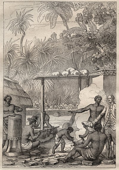 الرحلة الثالثة (1776-1779) للكابتن جيمس كوك (1728-1779): التضحية البشرية لتاهيتي - رسم مأخوذ من "البحارة العظماء في القرن الثامن عشر" بواسطة فنان غير معروف
