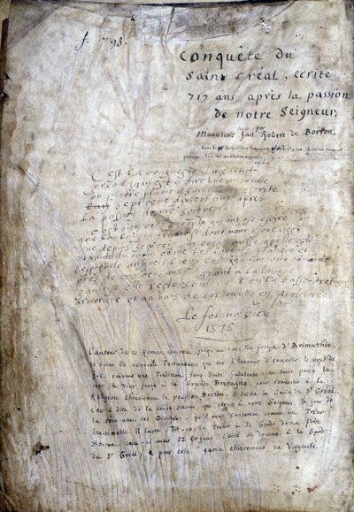 صفحة العنوان لمخطوطة: غزو القديس غريال ، كُتبت بعد 717 سنة من آلام سيدنا. Bibliotheque Municipale de Rennes، ms. 255 (مجموعة روايات المائدة المستديرة) ؛ باريس بواسطة فنان غير معروف