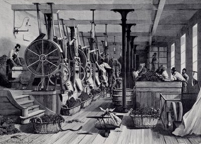معمل تبغ وغرفه غسيل وتبغ. نقش حوالي عام 1867. باريس ، متحف كارنافالي بواسطة فنان غير معروف